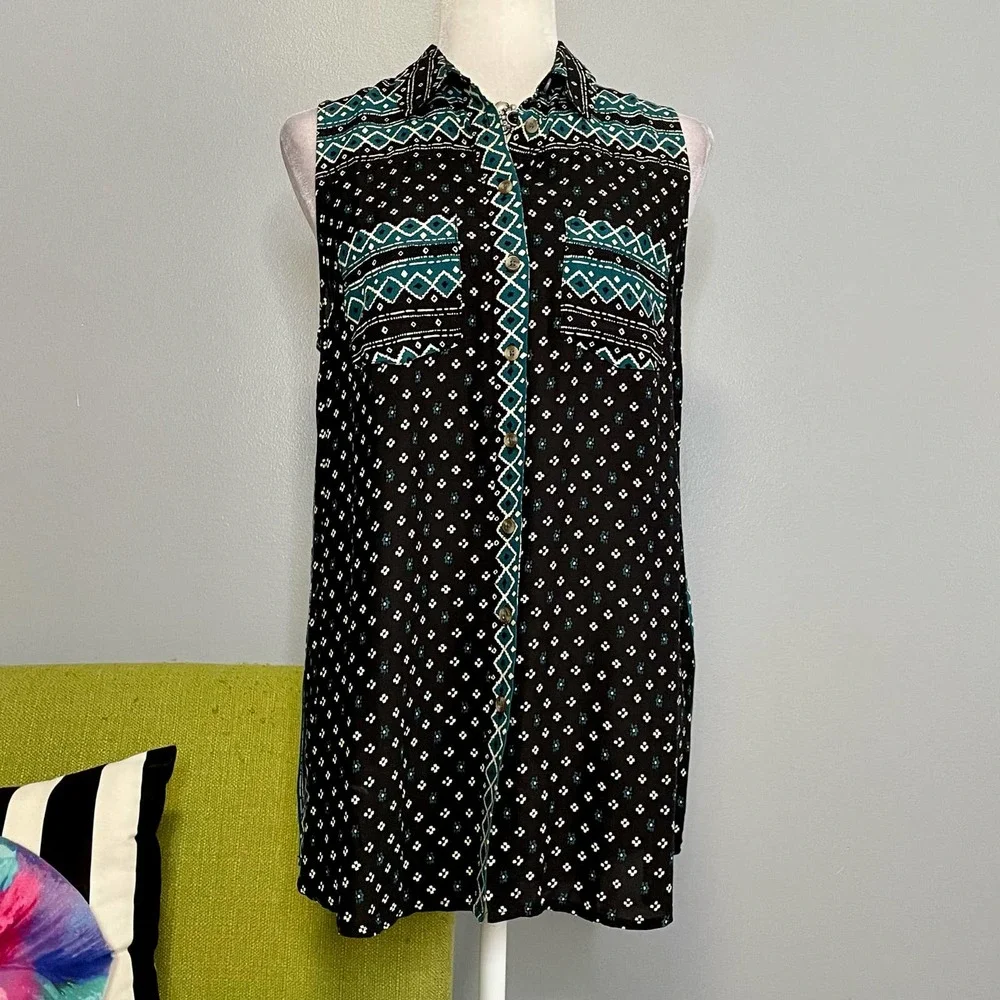 Akemi + Kin Anthropologie Ira Black Blue & White Tunic Tank Top - Picture 1 of 6